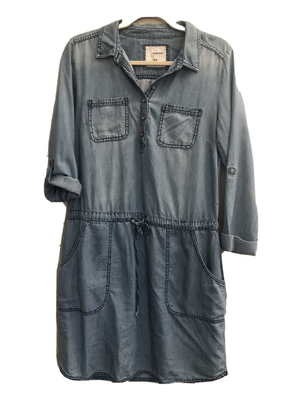 Sonoma XS Chambray Drawstring Drop Waist Roll Tab Slv Shirt Dress Pocket #1807
